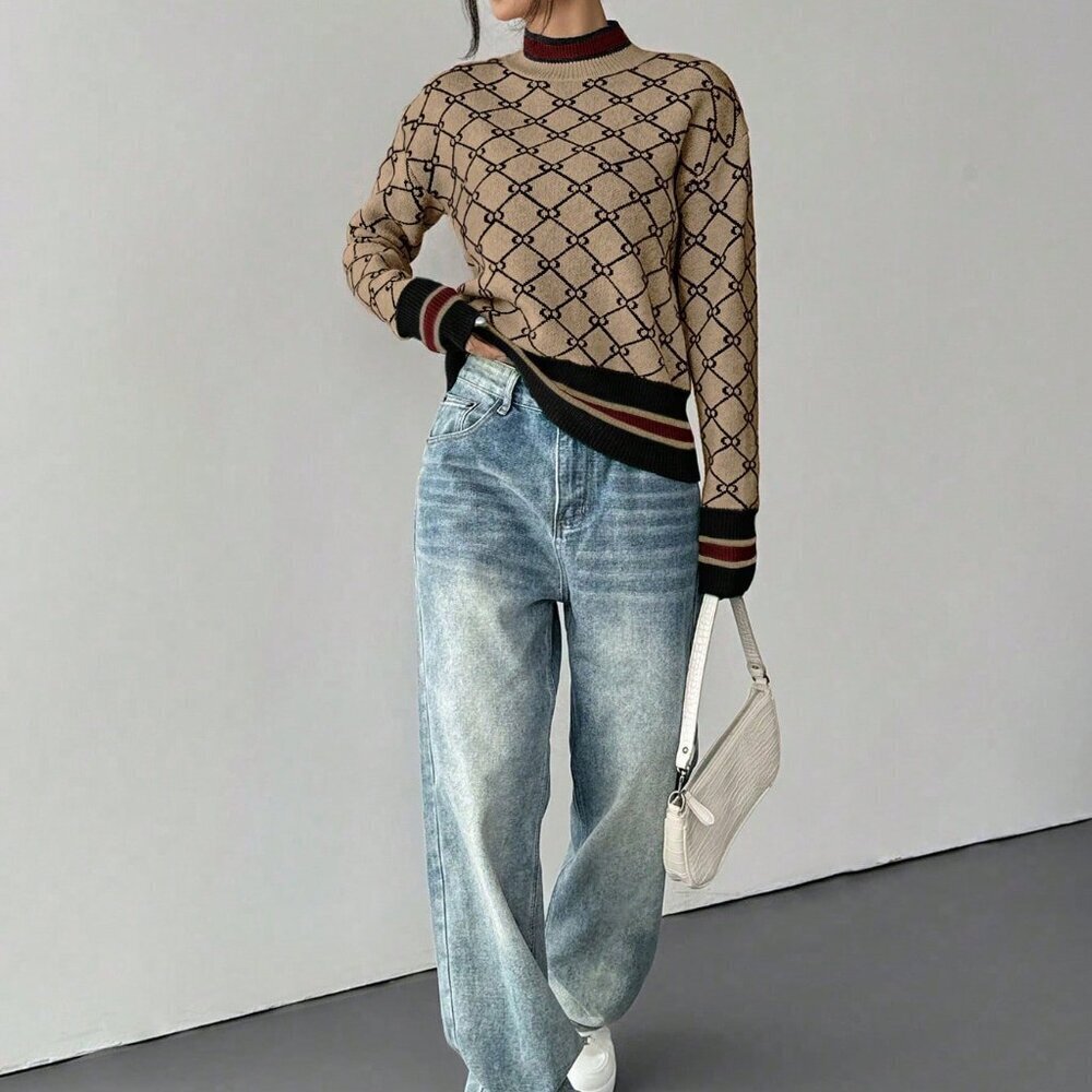 Khaki Casual Women's Geometric Embroidery Crew Neck Sweater - Picture 6 of 6